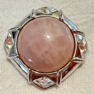 Loree Vtg Genuine Rose Quartz Clear Rhinestones Silver Tone Brooch Semiprecious